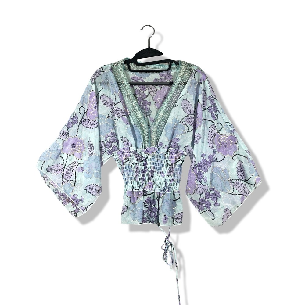 Rampage Floral Kimono Top Womens Small Blue Purple Boho Fairycore Y2K Chic